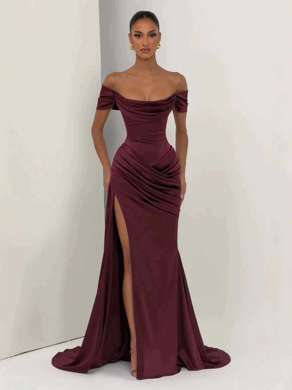Zara Off Shoulder Tie Waist Mermaid Slit Slim Evening Party Gown
